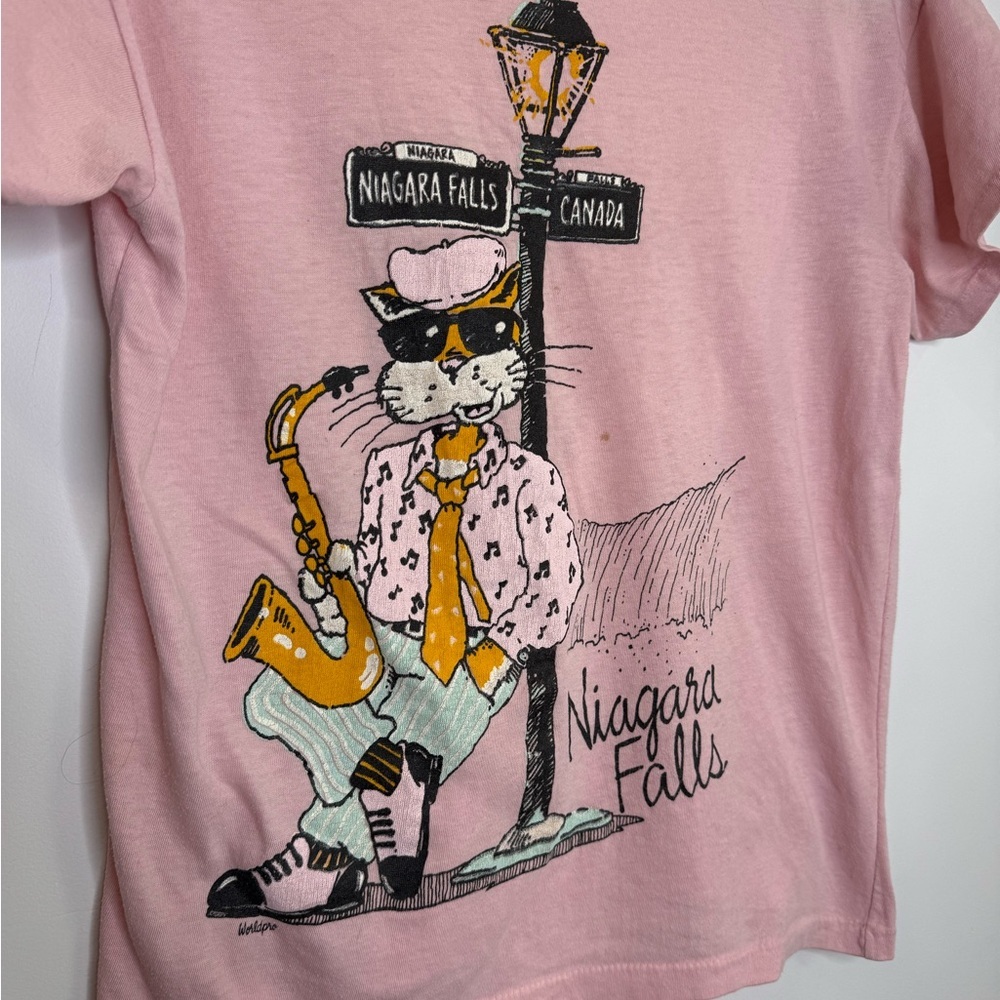 Vintage Worldpro Niagara Falls Pink jazz cat Graphic T-Shirt size medium - Picture 2 of 7